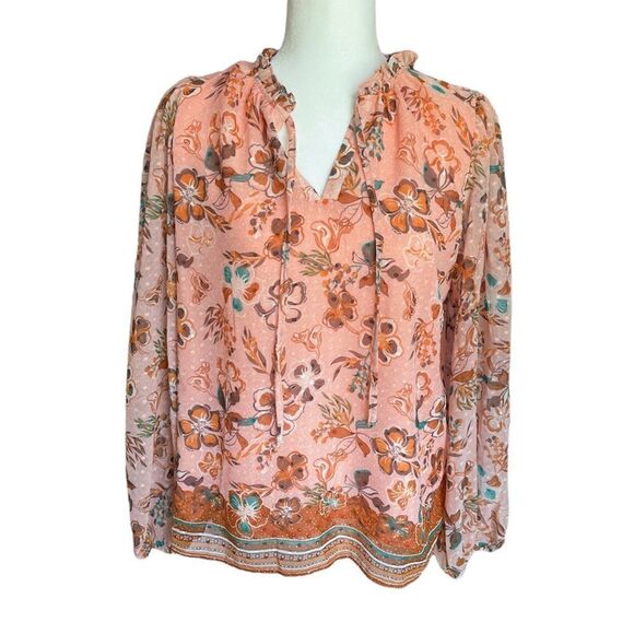 Joie Coral Floral Blouse Tunic Tie Neck Chiffon Size Medium - Picture 1 of 7